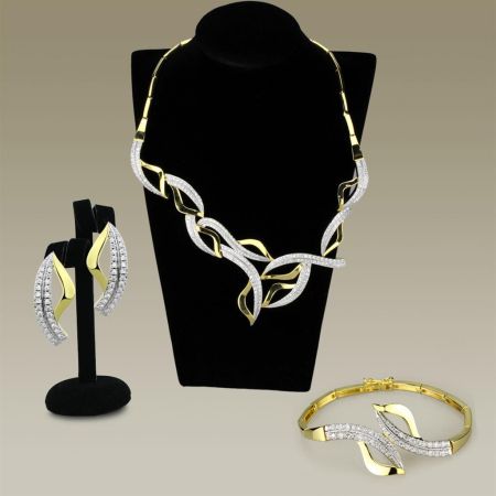 JCE942 Gold+Rhodium Brass Jewelry Sets with AAA Grade CZ in Clear