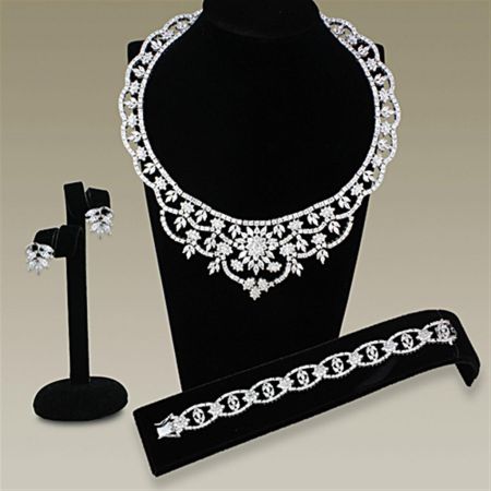 JCE3291 Rhodium Brass Jewelry Sets with AAA Grade CZ in Clear