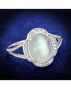 JCE393 Rhodium 925 Sterling Silver Ring with Semi-Precious Moon Stone in Clear